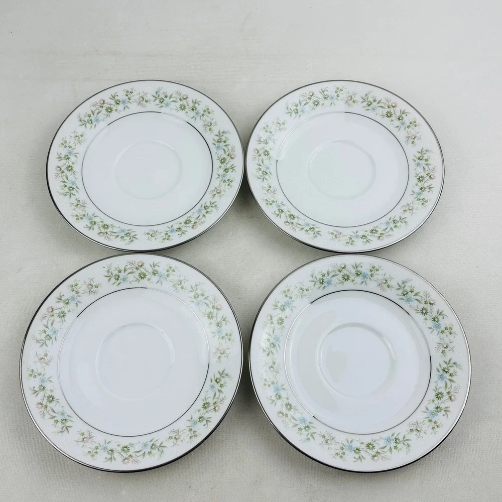 Noritake Savannah Saucer Lot of 4 White Floral Blue Pink Platinum‎ Trim Japan